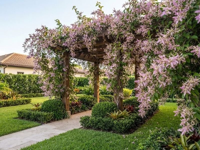 Congéia com brácteas rosadas cobrindo pergolado de jardim