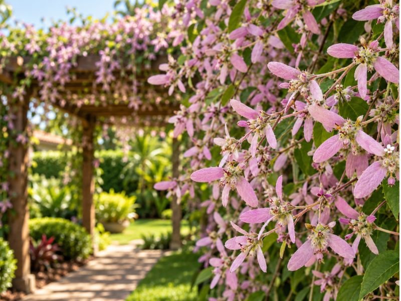 Ramos de congéia com brácteas rosadas em primeiro plano e pergolado de madeira ao fundo.