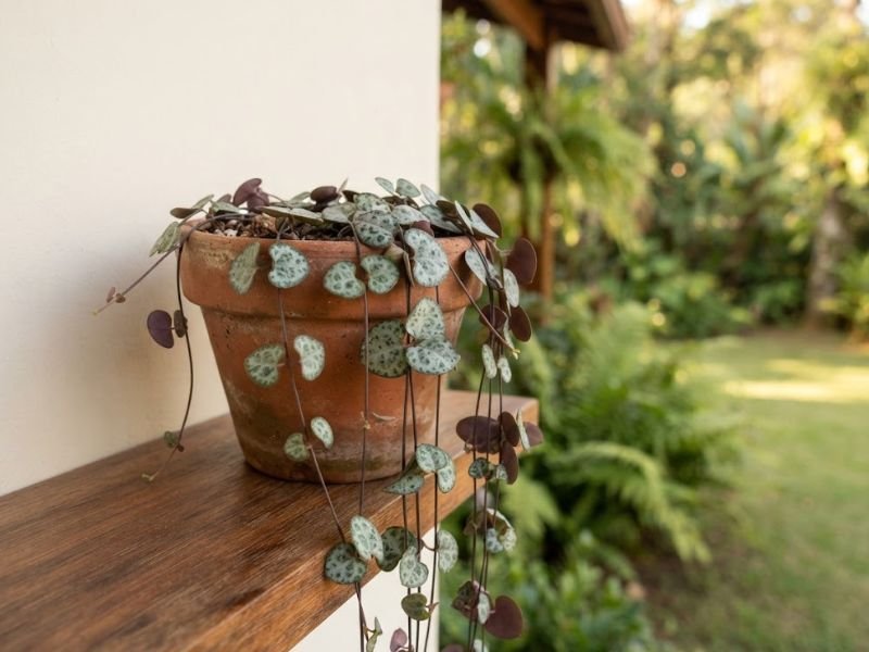 Coração emaranhado com folhas marmorizadas e ramos finos pendentes em vaso de terracota