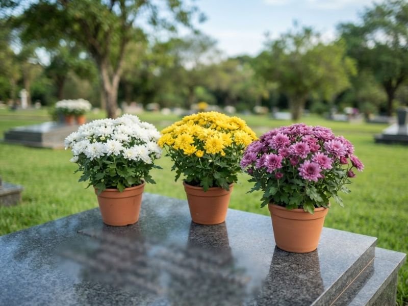 Três vasos de crisântemos brancos, amarelos e lilases sobre uma sepultura de granito.