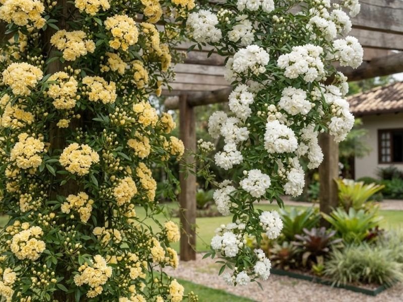 Rosa banksiae amarela e branca floridas lado a lado no jardim