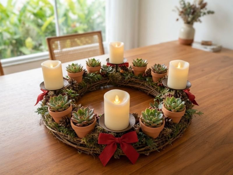 Coroa do Advento com quatro velas creme, suculentas em vasinhos de barro e laços vermelhos.