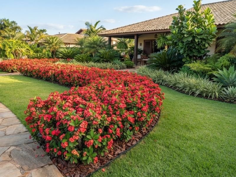 Canteiro comprido de coroa de cristo vermelha integrado ao paisagismo residencial