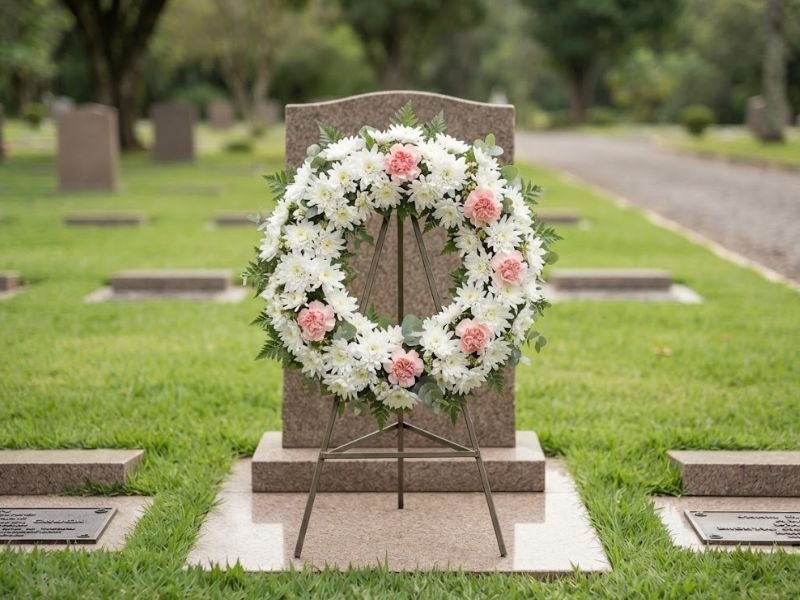 Coroa de flores brancas e rosa-claro apoiada em suporte metálico diante de uma lápide.