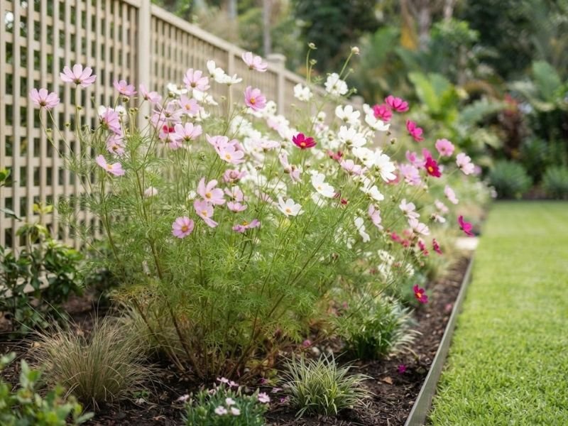 Cosmos rosa branco e magenta cultivado junto a treliça no jardim