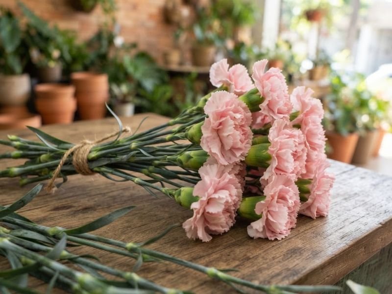 Buquê de cravos rosa-claro com pétalas recortadas e hastes longas sobre um balcão.