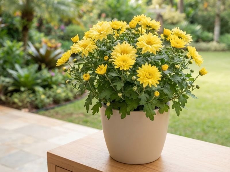 Crisântemo amarelo com folhas verdes lobadas e botões em vaso bege.