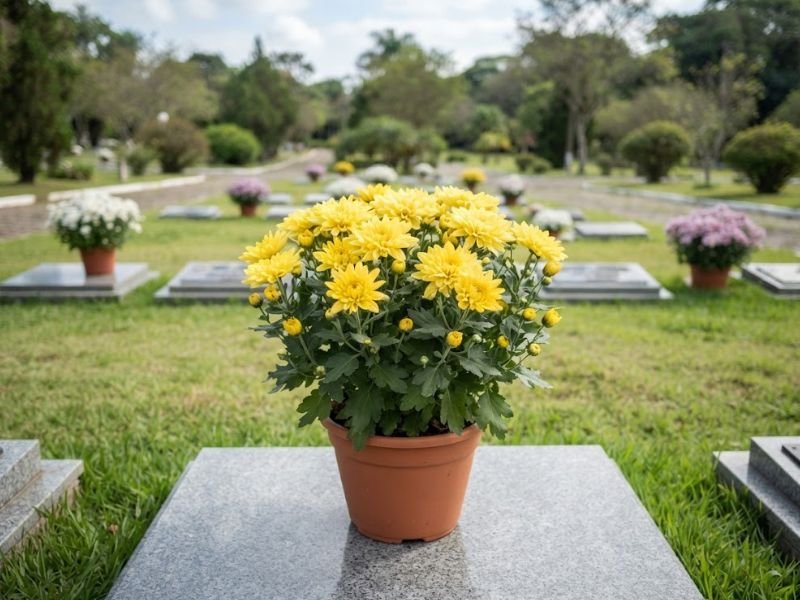 Vaso de crisântemos amarelos sobre uma sepultura, com outras homenagens floridas no cemitério ao fundo.