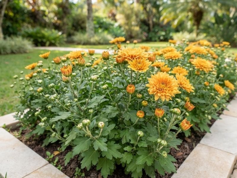 Crisântemos amarelo-alaranjados com botões fechados e flores abertas em um canteiro.