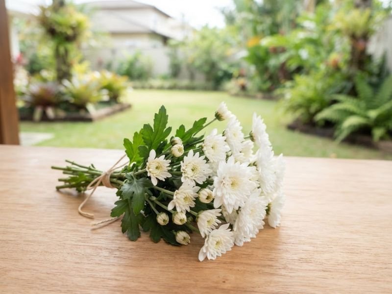 Buquê de crisântemos brancos com flores dobradas sobre uma mesa de madeira.