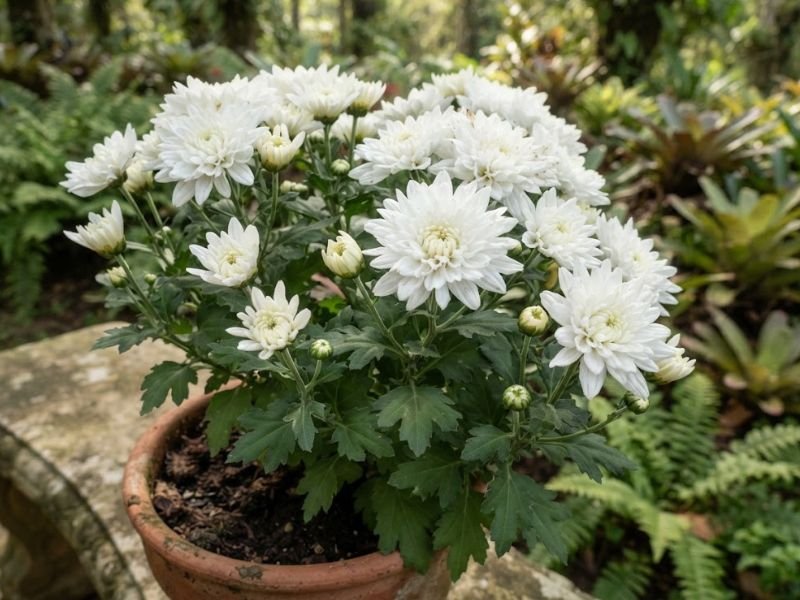 Crisântemo branco com flores abertas e botões em vaso de terracota no jardim.