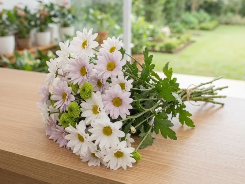 Buquê de crisântemos brancos e lilases com centros amarelos e pequenos pompons verdes.