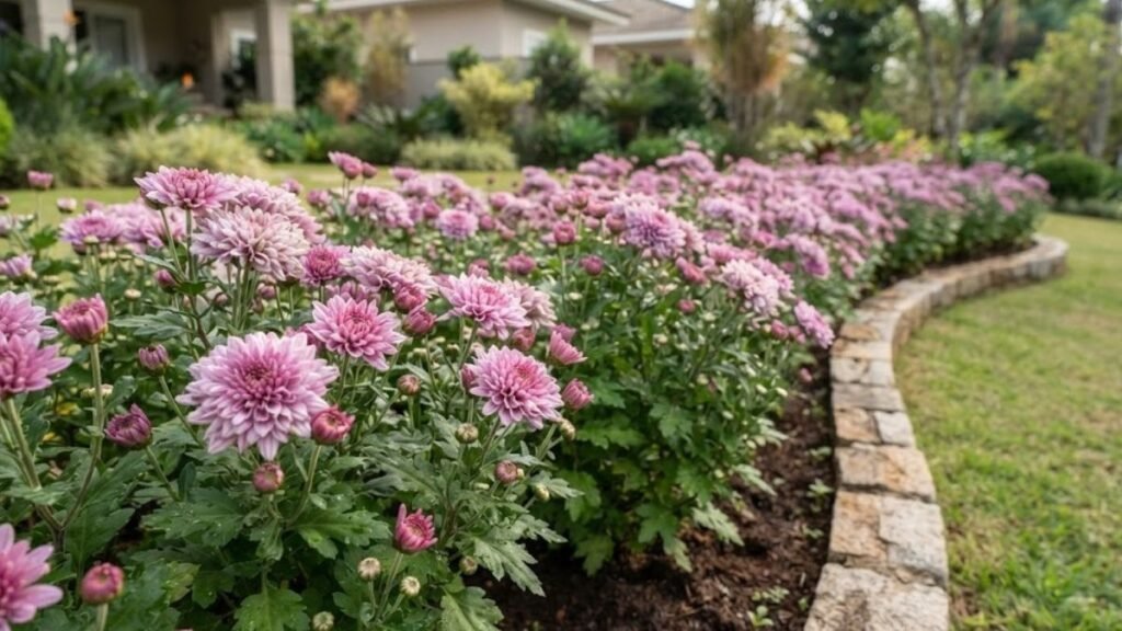 Crisântemo rosa-lilás em canteiro curvo com borda de pedra e gramado ao redor.