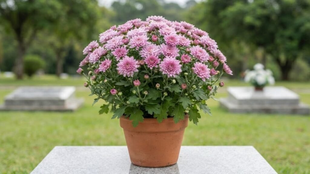 Crisântemo em Finados com flores rosa-lilás em vaso de terracota sobre uma sepultura, com o cemitério desfocado ao fundo.