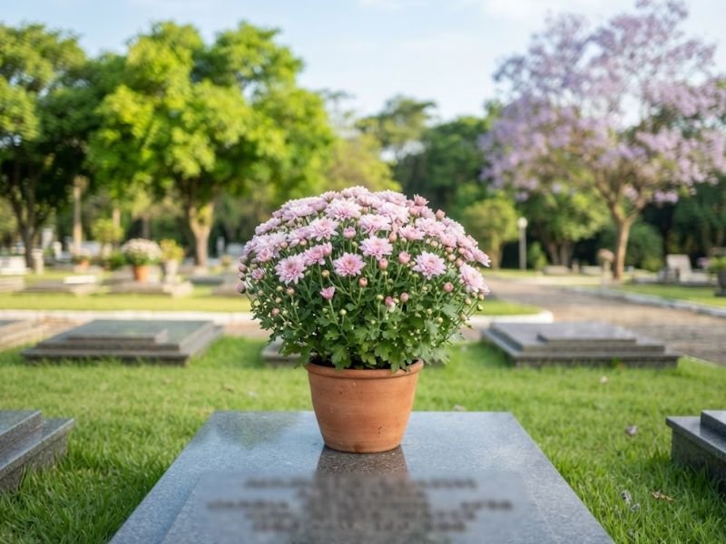 Crisântemo rosa-claro em vaso sobre uma sepultura, com gramado verde e uma árvore florida ao fundo.