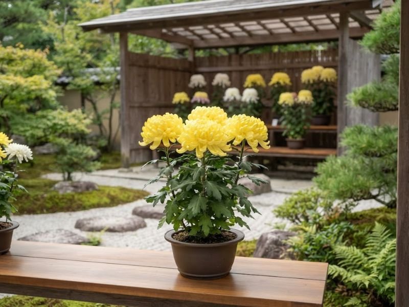 Crisântemos amarelos de pétalas numerosas em vaso sobre uma bancada, com jardim japonês e outras plantas ao fundo.
