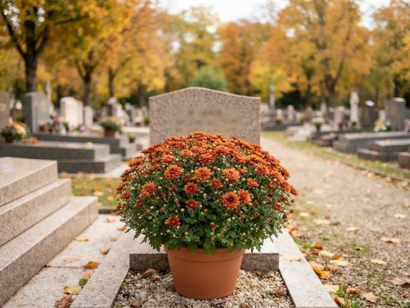 Crisântemo de flores cor de cobre diante de uma lápide, com árvores amarelas e folhas caídas no cemitério.