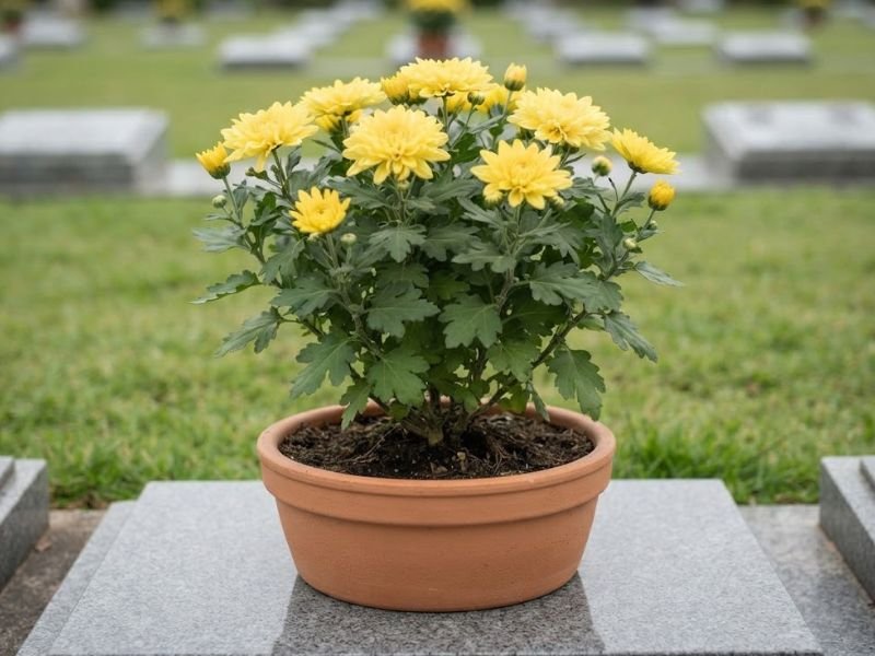 Crisântemo amarelo plantado em vaso baixo de terracota sobre uma base de pedra no cemitério.