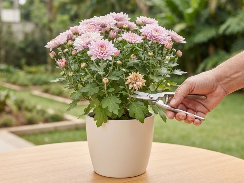 Tesoura de poda posicionada junto à haste de uma flor seca de crisântemo rosa.