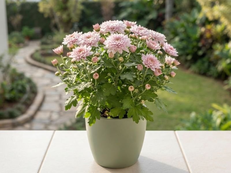 Crisântemo rosa-claro em vaso verde recebendo luz suave em uma varanda aberta.