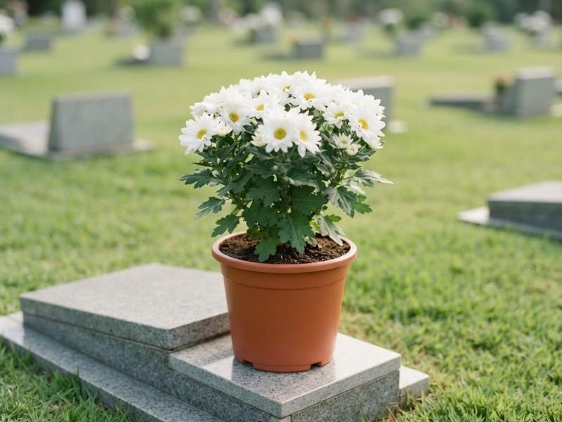 Crisântemo branco plantado em vaso terracota sobre uma sepultura em cemitério gramado.