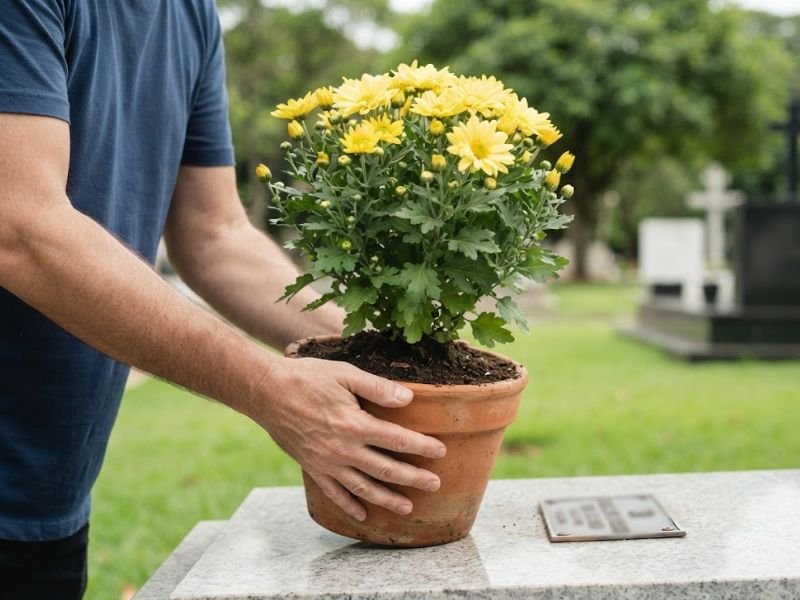 Pessoa apoiando um vaso de crisântemos amarelos sobre uma sepultura no cemitério.