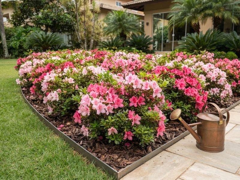 Canteiro de azaleias rosa com cobertura orgânica no solo e regador metálico próximo às plantas.