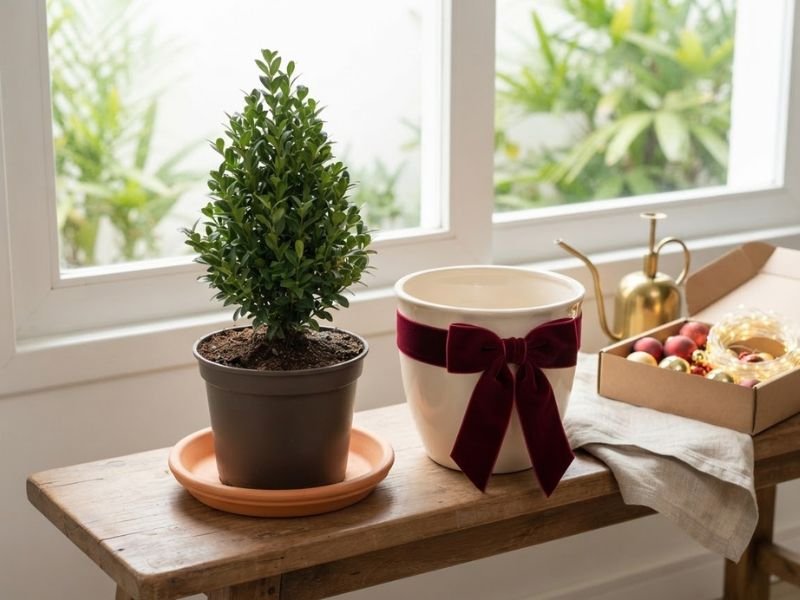 Buxo em vaso de cultivo sobre um prato, ao lado de um cachepô com laço vinho, regador e enfeites de Natal.