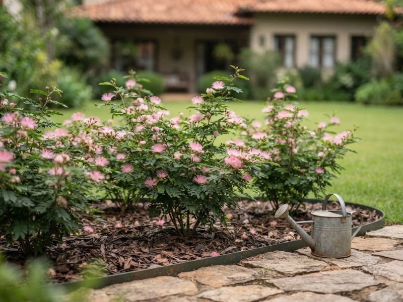 Canteiro de caliandra rosada com cobertura orgânica e regador metálico apoiado no caminho de pedras.