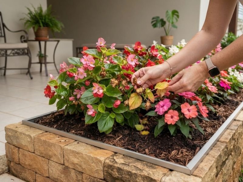 Manutenção de flores em canteiro de meia sombra