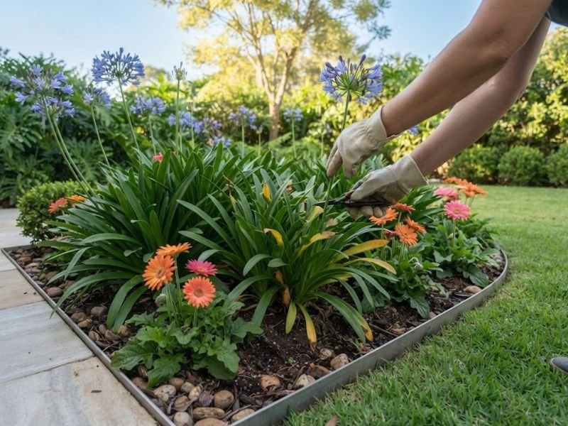 Manutenção de agapantos e gérberas em canteiro de flores perenes