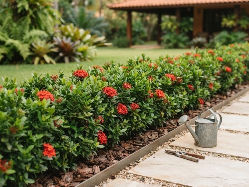 Cerca viva de ixora com flores alaranjadas, cobertura orgânica e regador junto ao caminho de pedras.