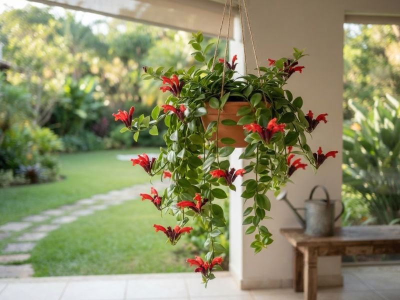 Columeia-batom saudável com folhas verdes e flores vermelhas em vaso suspenso numa varanda iluminada.