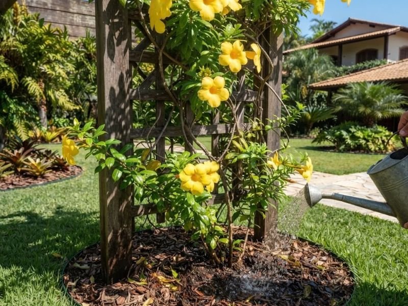 Rega na base de alamanda amarela cultivada em treliça sob sol direto