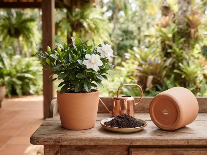 Gardênia florida em vaso sobre bancada, ao lado de regador, substrato e vaso vazio com furo de drenagem.