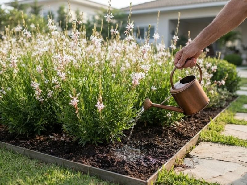 Pessoa utilizando um regador para molhar a base de plantas floridas em um canteiro ornamental.