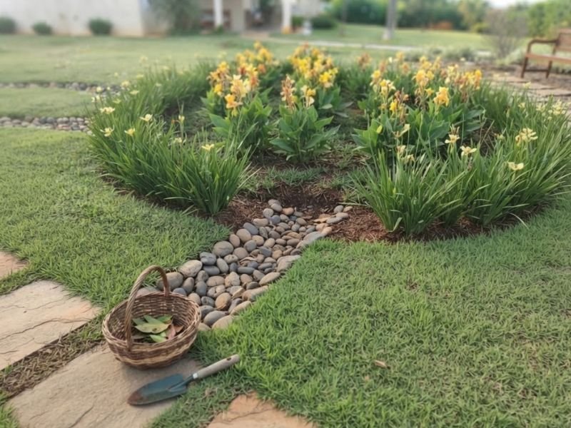 Cesto com folhas recolhidas e pá de jardinagem junto à entrada de pedras de um canteiro florido.