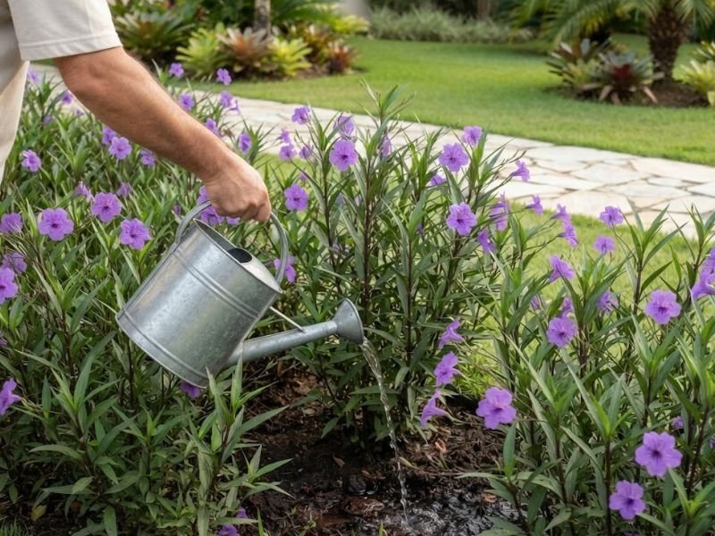 Pessoa regando a base de ruélias floridas com regador metálico em canteiro ornamental.