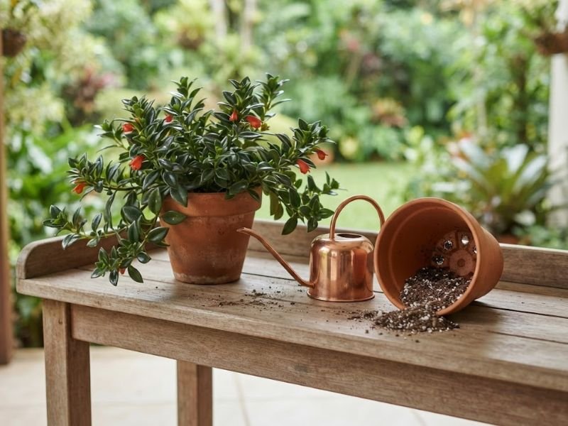 Columeia-peixinho, regador e vaso de terracota deitado com substrato sobre uma bancada de madeira.