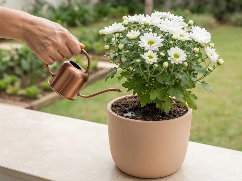 Mão regando o substrato de um crisântemo branco em vaso claro com regador de bico fino.