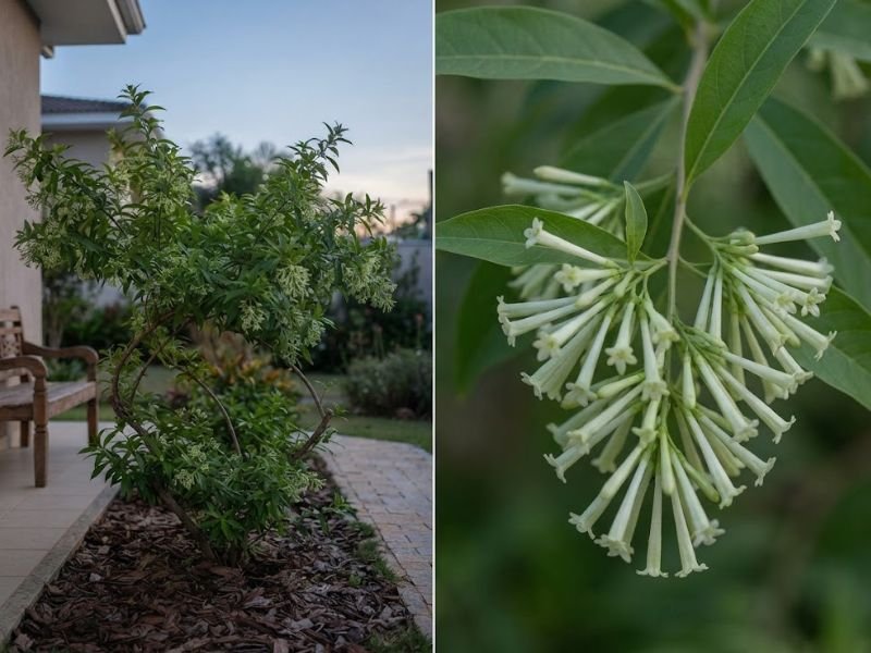 Arbusto dama-da-noite em canteiro próximo à varanda e detalhe dos conjuntos de flores tubulares claras.