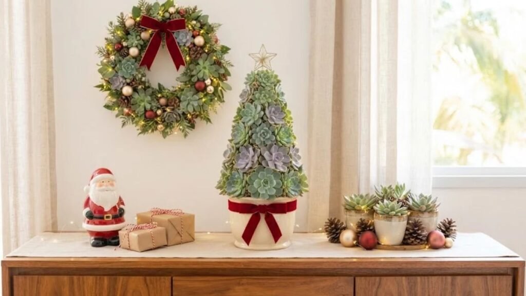 Decoração de Natal com suculentas no aparador, com árvore de rosetas, guirlanda, Papai Noel e presentes.