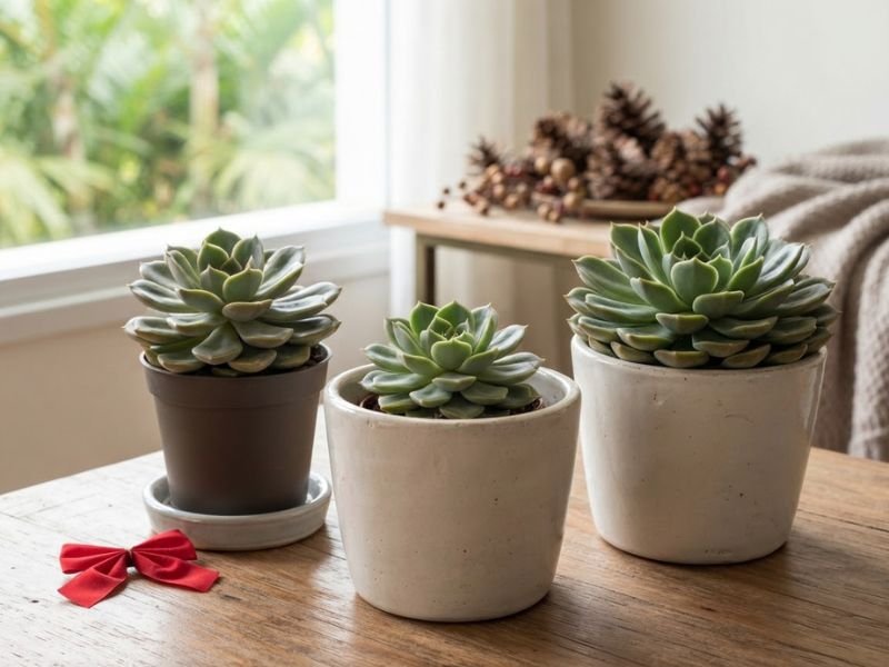Três suculentas em vasos separados junto à janela, com um laço vermelho sobre a mesa.