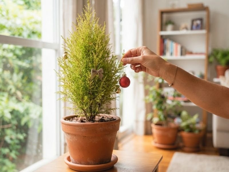 Mão posicionando uma pequena bola vermelha em um pinheirinho de folhagem verde-amarelada cultivado em vaso.