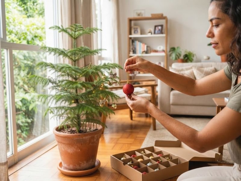 Mulher segurando uma bola vermelha junto ao pinheirinho natural, com uma caixa de enfeites dividida em compartimentos.