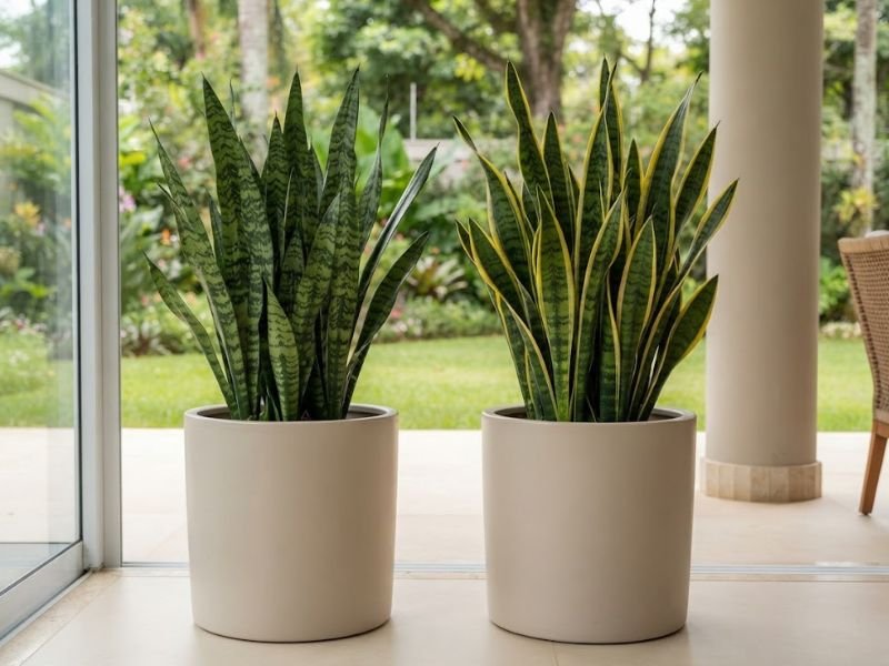 Espada de São Jorge verde ao lado de espada de Santa Bárbara com bordas amarelas, cultivadas em vasos separados junto à janela.