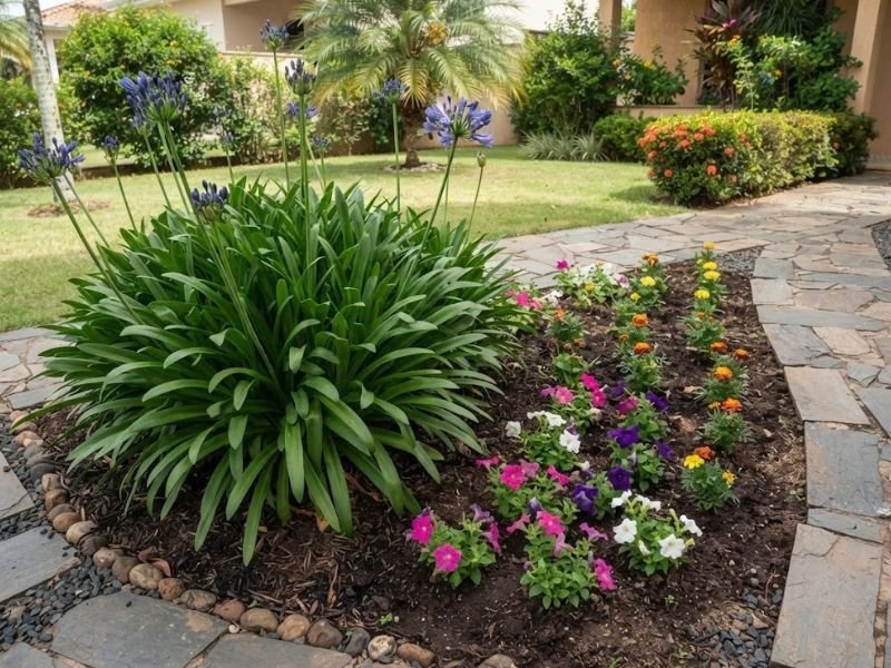 Agapanto estabelecido ao lado de flores sazonais recém-plantadas no canteiro
