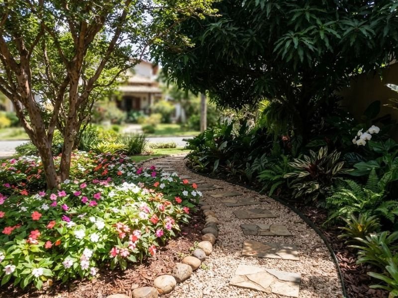 Áreas de meia sombra e sombra em jardim residencial