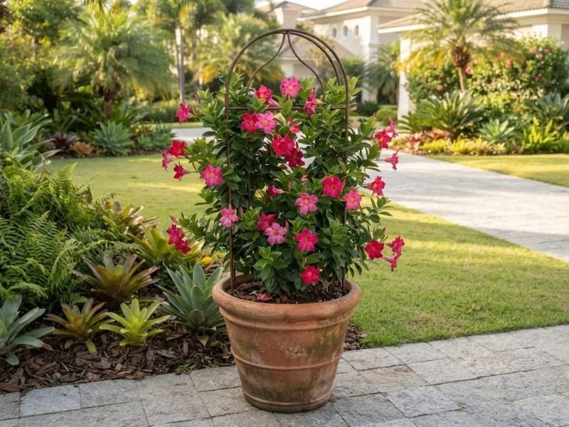 Dipladênia rosa cultivada em vaso com pequeno suporte