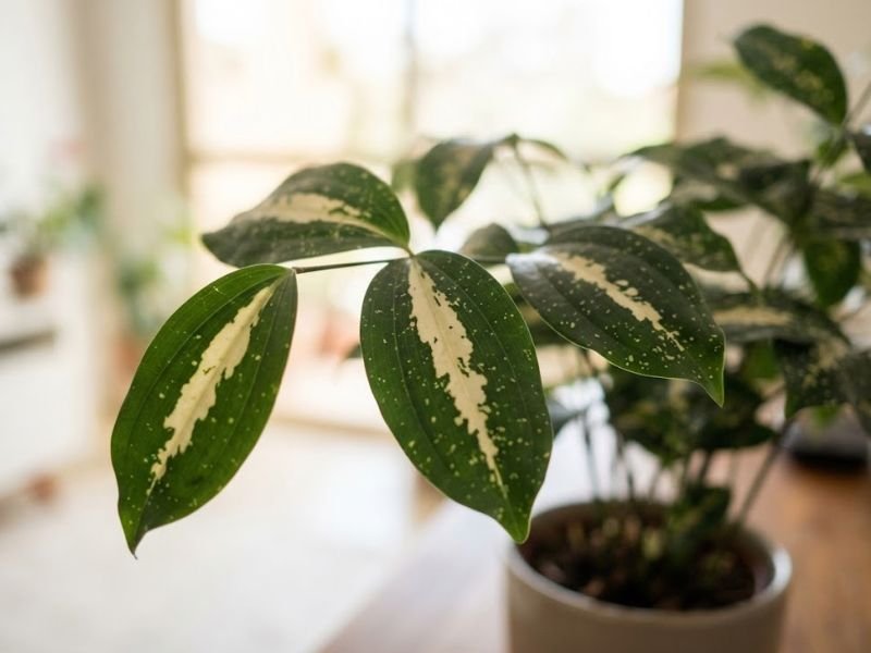 Dracaena surculosa Milky Way com folhas verdes apresentando faixas centrais claras e pequenas manchas.